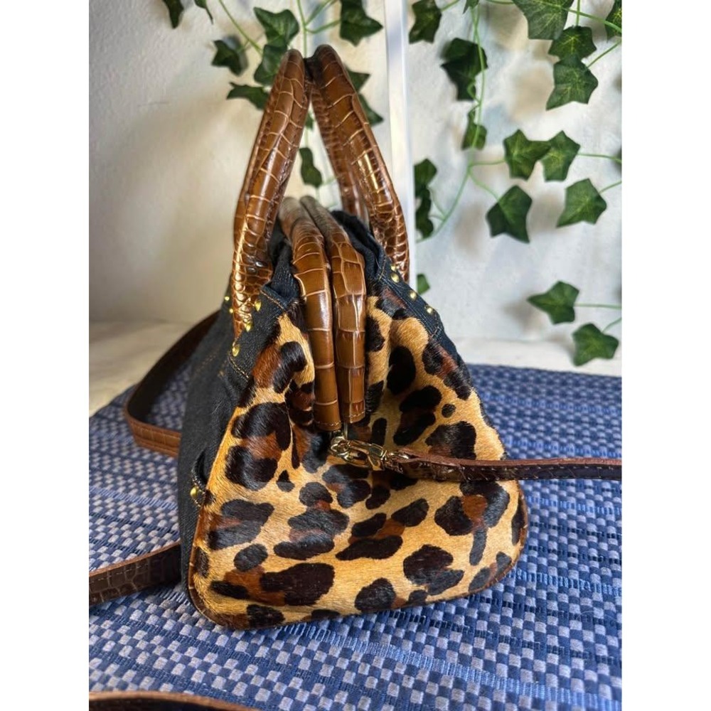 Clever Carriage Company Denim Studded Leopard-Print Cowhair Dr. Satchel - Picture 4 of 7